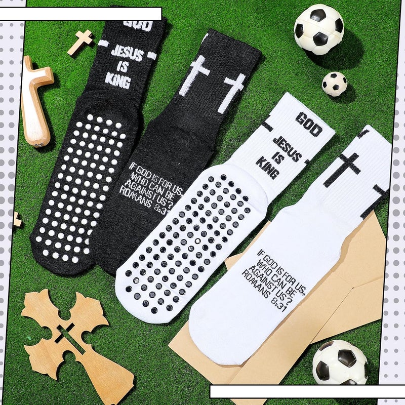 Jamntower 4 Pairs Cross Grip Soccer Socks with Bible Verse Anti Slip Religious Jesus Christian Football Sock with Rubber Dots - Image 3